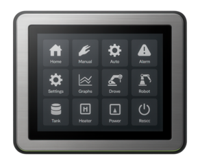 Touchscreen HMI panel with customizable display layout for machine operation control