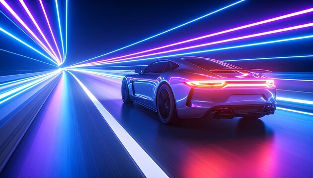 Futuristic sports car speeding through a vibrant neon tunnel