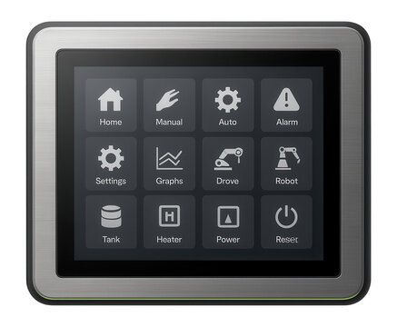 Touchscreen HMI panel with customizable display layout for machine operation control