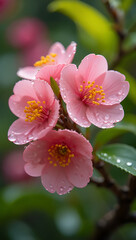 Obraz premium Delicate pink flowers glisten with fresh water droplets in a garden