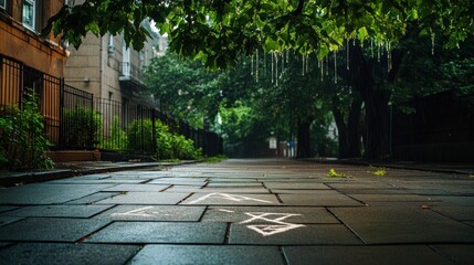 Photo of a wet city street glistens after the rain, with trees overhanging the sidewalk