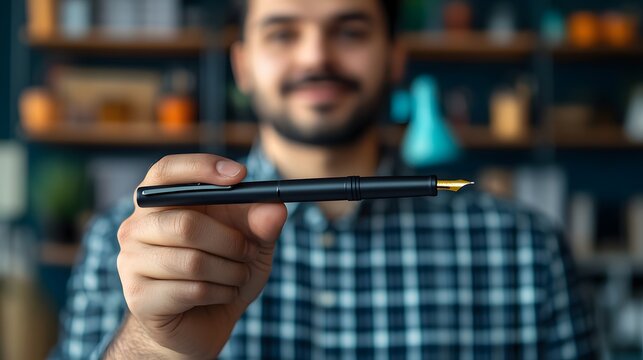 Smiling man in checkered shirt holding a black fountain pen towards the camera, standing in a cozy home office or coffee shop with shelves filled with books and decor in the background