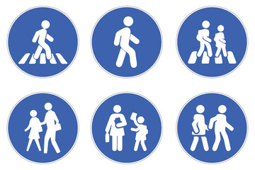 blue pedestrian crossing sign collection with 9 circular icons