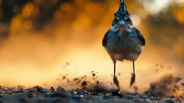 Roadrunner Stands Ground, Kicking Up Dust in Golden Hour Sunlight, Close Up