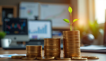 Investment Sustainability Growth Coins Plant Finance Business Money Economy Chart Stacked coins with small plant growing top symbolize investment