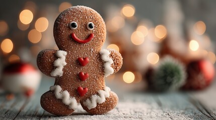 Classic Christmas gingerbread man with funky icing on a hazy white blur, retro holiday treat, sweet kitsch