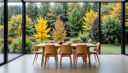 Modern dining room with wooden table and chairs overlooking colorful autumn trees through large glass windows, creating warm inviting atmosphere