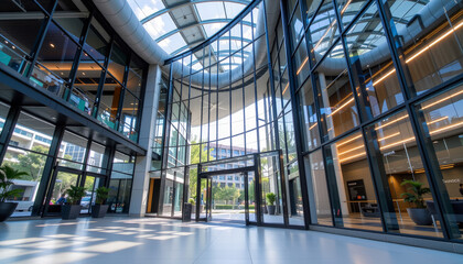 Modern office building lobby with glass walls and ceiling, bright natural light, and spacious open design creating inviting atmosphere