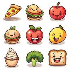 Cartoon Food Characters with Smiling Faces Pizza Burger Apple Broccoli and Toast
