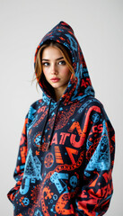 Young woman wearing colorful graphic hoodie with hood up, looking confidently at camera with soft expression and natural makeup