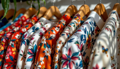 Floral patterned fabric prints vibrant colors hanging wooden hangers with sunlight casting soft shadows, creating lively and cheerful atmosphere