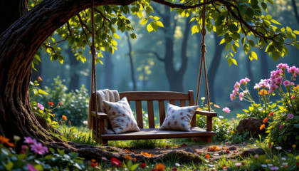 Wooden garden swing with cushions hanging from tree branch in enchanted woodland surrounded by colorful flowers and soft sunlight