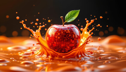 Futuristic red apple with digital pattern splashing into orange liquid with green leaf on top, vibrant and dynamic energy