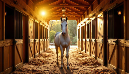 White stallion standing in luxury wooden barn aisle with warm sunlight shining through, creating peaceful and elegant atmosphere