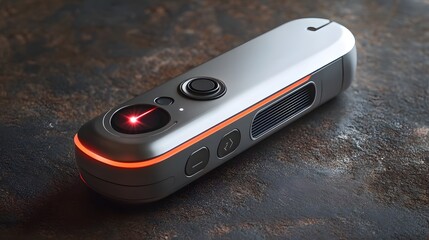 Futuristic portable device with laser sensor and sleek design on textured surface, featuring vent and controls, suitable for technology, innovation, and gadget concepts