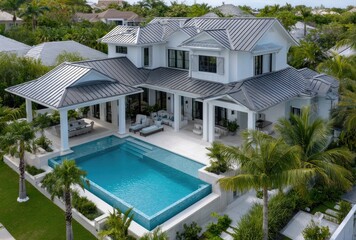 A bird's eye view of an entire modern two-story house with a grey metal roof