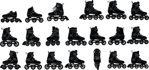 Rollerblade silhouette collection, inline skate vector icons, black skate boot illustration set, sports gear symbol, skating equipment clipart