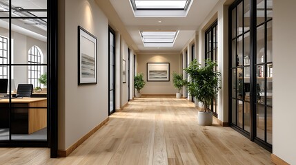 Modern office hallway with natural light and wood flooring