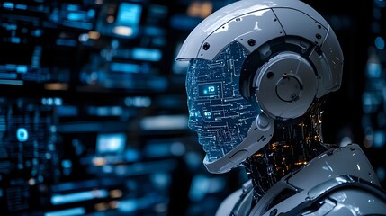 Fototapeta premium Futuristic humanoid robot with a sleek white exterior and illuminated digital circuit face profile in a high-tech neural network environment