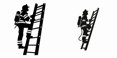 A Firefighter climbing ladder. Career Job Profession Occupation Employment Work Clipart Line Art Vector Illustration. Rescuer ascending tall portable stairway emergency worker using.
