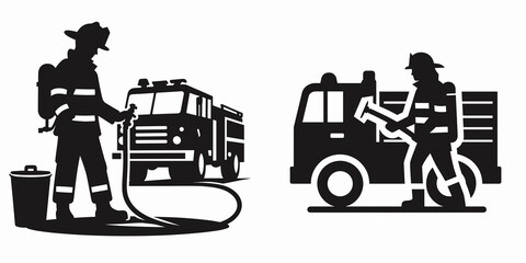 A Firefighter maintaining truck. Career Job Profession Occupation Employment Work Clipart Line Art Vector Illustration. Public servant fixing fire engine keeping apparatus in good running.
