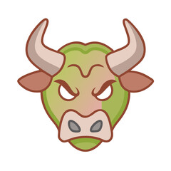Stylized illustration of an angry green bull head with large horns and a black background