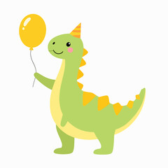 Adorable cartoon dinosaur with a party hat, holding a yellow balloon, perfect for birthday cards or illustrations for kids.