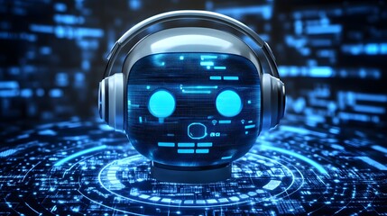 Futuristic robot head with digital facial features and a headset in a high-tech virtual environment with glowing blue interface elements
