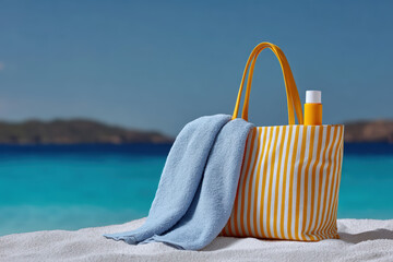 Beach bag, towel, and sunscreen resting on white sand beach overlooking turquoise water