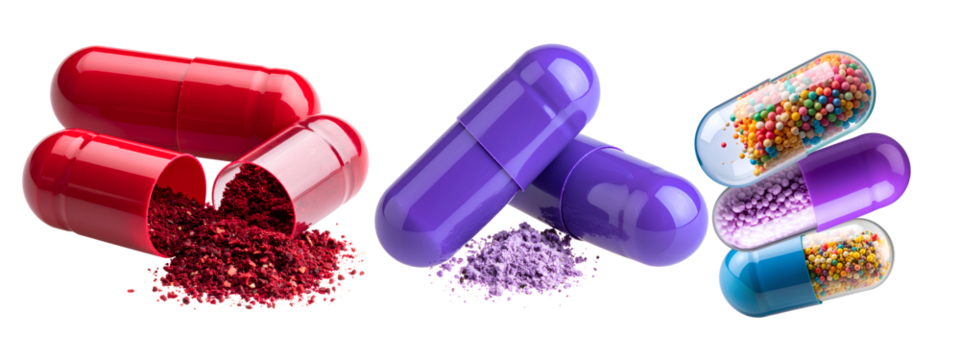 Set of Purple Capsules Crossed Over Each Other, One Partially Open Showing Powder