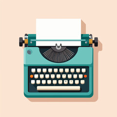 Top-down vector illustration of a stylish turquoise vintage typewriter with a blank sheet of paper, perfect for concepts related to writing, journalism, and retro design.