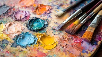 Fototapeta premium Colorful artist's palette with paintbrushes