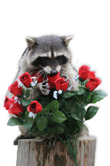 Raccoon with Red Roses on White Background