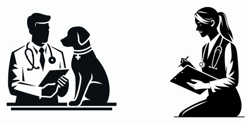 A Veterinarian discussing with owner. Career Job Profession Occupation Employment Work Clipart Line Art Vector Illustration. Animal doctor chatting caretaker about pet care and wellbeing.