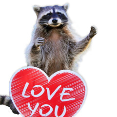 Raccoon with LOVE YOU Heart on White Background