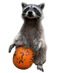 Raccoon with Painted Pumpkin on White Background
