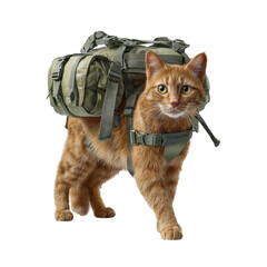Cat with Military Style Backpack Ready for Adventure in Nature