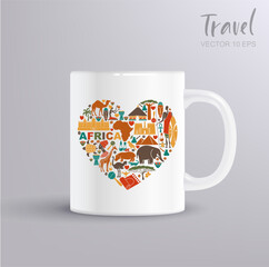 Vector heart of Africa made of ethnic elements and wildlife animals with mug mockup perfect for travel prints and souvenirs