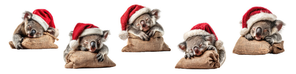 Cute Koalas in Santa Hats Relaxing on Christmas Pillows
