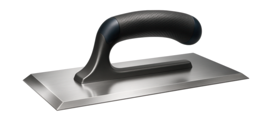 Stainless steel grout float with a beveled edge for finishing tile edges.
