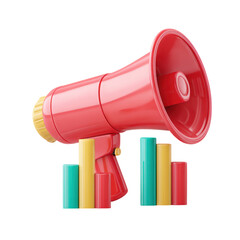 Bright Red Megaphone with Colorful Bar Graphs on White Background