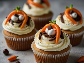 Adorable carrot patch themed cupcakes with creamy frosting and chocolate accents
