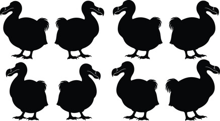 Silhouette illustration of extinct dodo birds, black vector set on white background, perfect for educational, historical, wildlife, and extinct species content