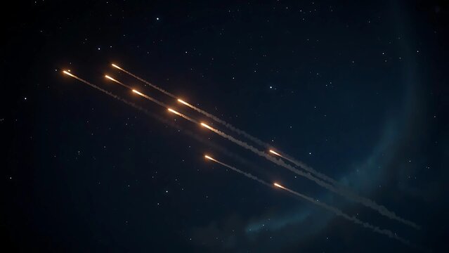 Military rockets illuminate the night as they are launched during an intense wartime operation under a starry sky