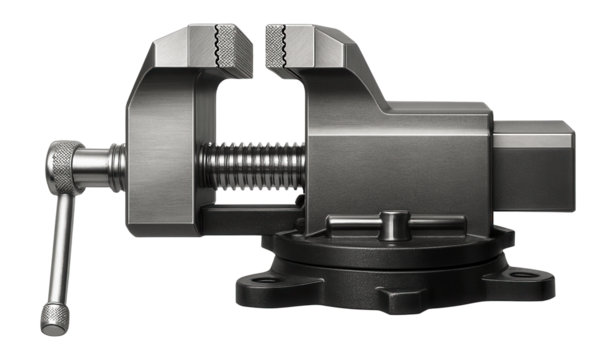 Steel bench vise with replaceable serrated jaws for a general carpentry workshop.