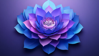 Handmade lotus art with purple-blue paper petals on minimal neutral background