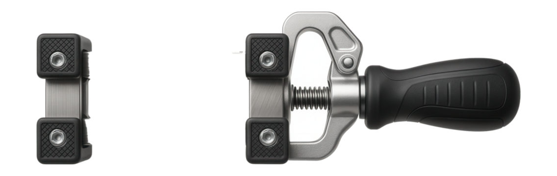Pipe welding alignment clamp with a quick-release mechanism for aligning pipes in a plumbing installation.