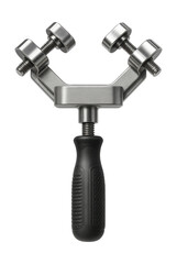 Corner welding clamp with dual swivel heads for securing right angles in a carpentry workshop.