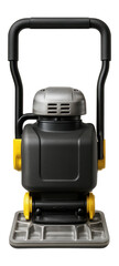 Naklejka premium Compact vibratory plate compactor with a removable handle for storage in tight spaces.