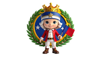 Cartoon character, dressed in historical attire, holding a flag, surrounded by a decorative laurel wreath.